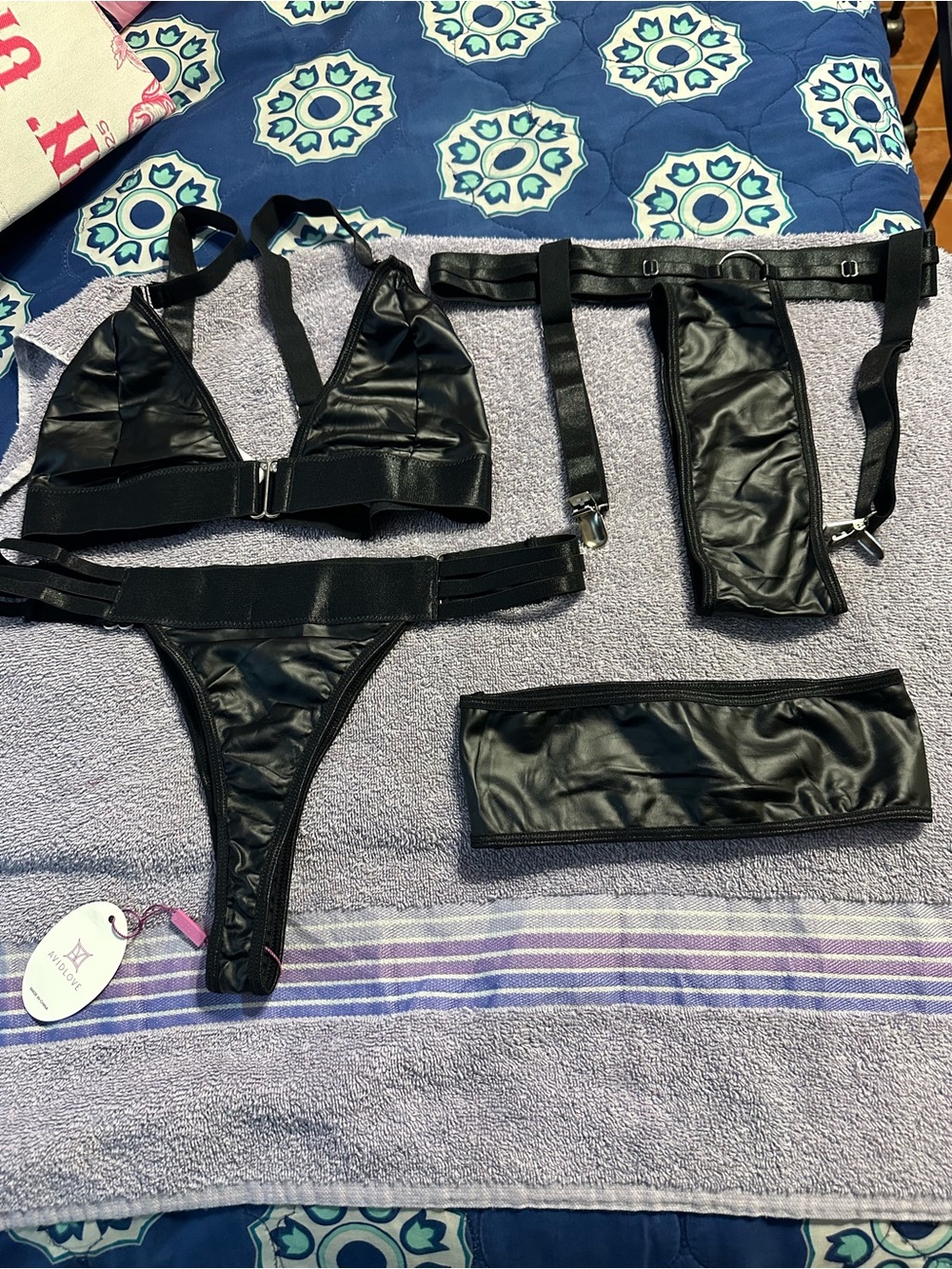 Black Faux Leather 5-Piece Lingerie Set - Unbranded